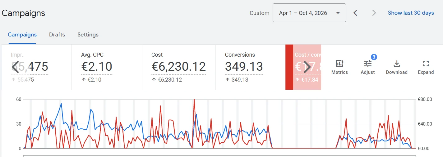 Google Ads performance dashboard for Supreme Pest Control showing 349 conversions at 17.84 euros per conversion